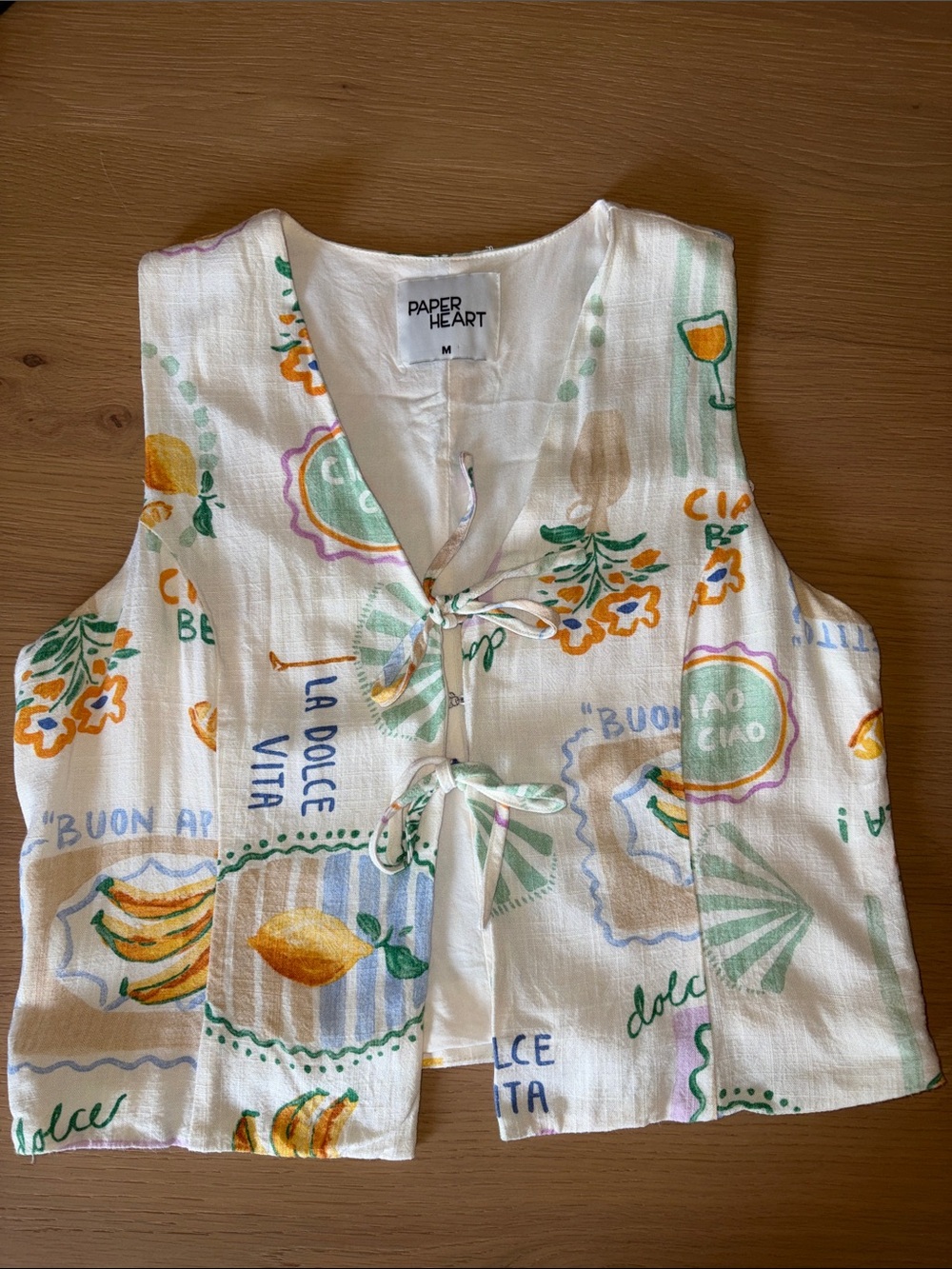 Paper Heart Linen-Blend Tie Front Vest — White with Pastel Fruit Print